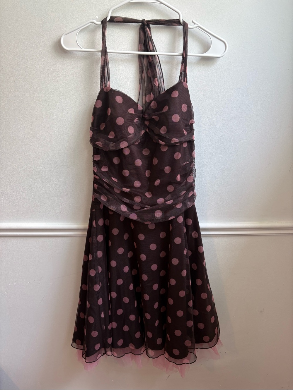 Polka Dot Halter Mini Dress in Brown and Pink